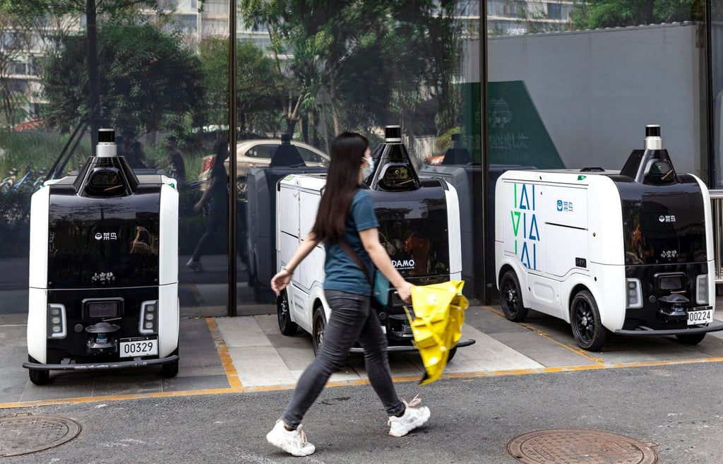 Autonomous delivery vehicles for Cainiao are seen near Alibaba Group Holding’s headquarters in Hangzhou, capital of eastern Zhejiang province, on August 2, 2022. Photo: Bloomberg Autonomous delivery vehicles for Cainiao are seen near Alibaba Group Holding’s headquarters in Hangzhou, capital of eastern Zhejiang province, on August 2, 2022. Photo: Bloomberg