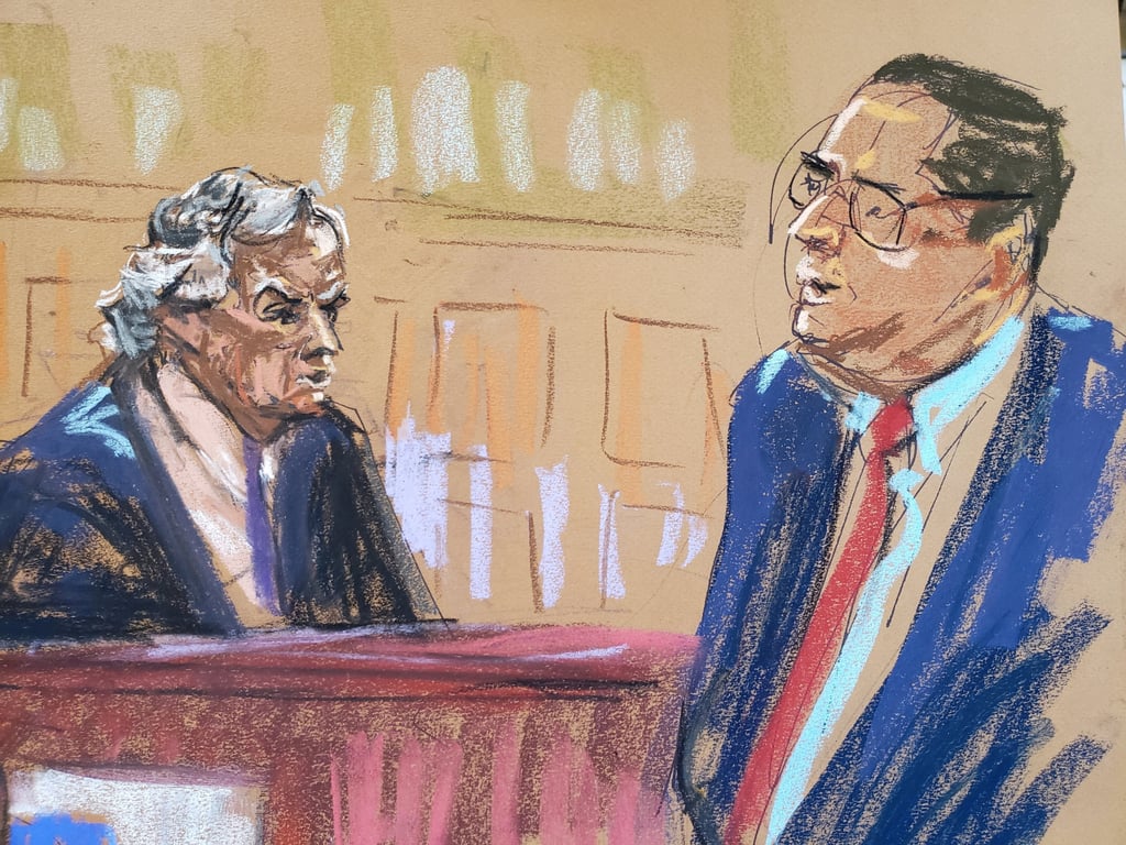 Justice Arthur Engoron listens to Trump’s lawyer Clifford Robert during a hearing in New York on September 22. Courtroom sketch: Jane Rosenberg via Reuters
