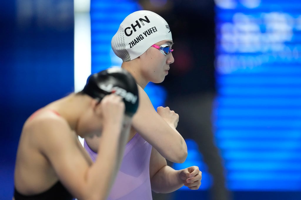China’s Zhang Yufei prepares to compete during her women’s 50m freestyle heat. Photo: AP