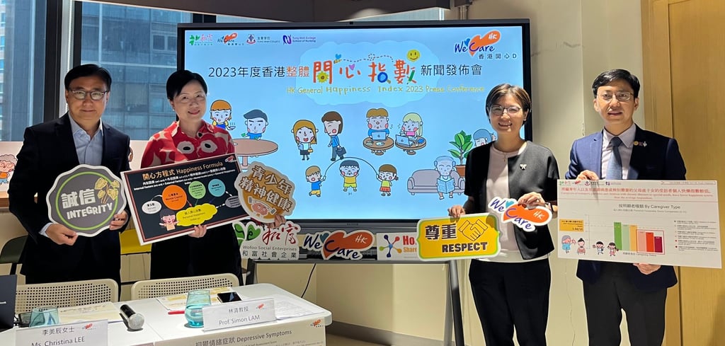(Left to right) Lawmaker Tik Chi-yuen and fellow HK.WeCARE co-chair Sylvia Chan May-kuen, meet the press alongside Wofoo Social Enterprises executive director Christina Lee and Tung Wah College’s Professor Simon Lam. Photo: Emily Hung (Left to right) Lawmaker Tik Chi-yuen and fellow HK.WeCARE co-chair Sylvia Chan May-kuen, meet the press alongside Wofoo Social Enterprises executive director Christina Lee and Tung Wah College’s Professor Simon Lam. Photo: Emily Hung
