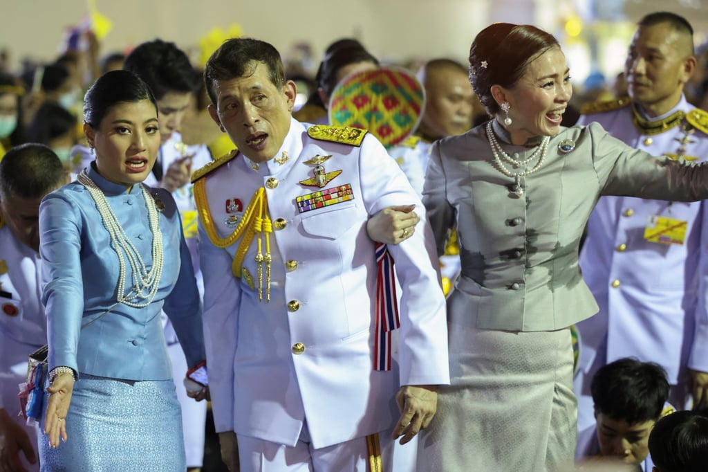 Thailand’s King Maha Vajiralongkorn and Princess Sirivannavari Nariratana, next to Queen Suthida, speak as they greet royalists, at The Grand Palace in Bangkok, in November 2020. Photo: Reuters