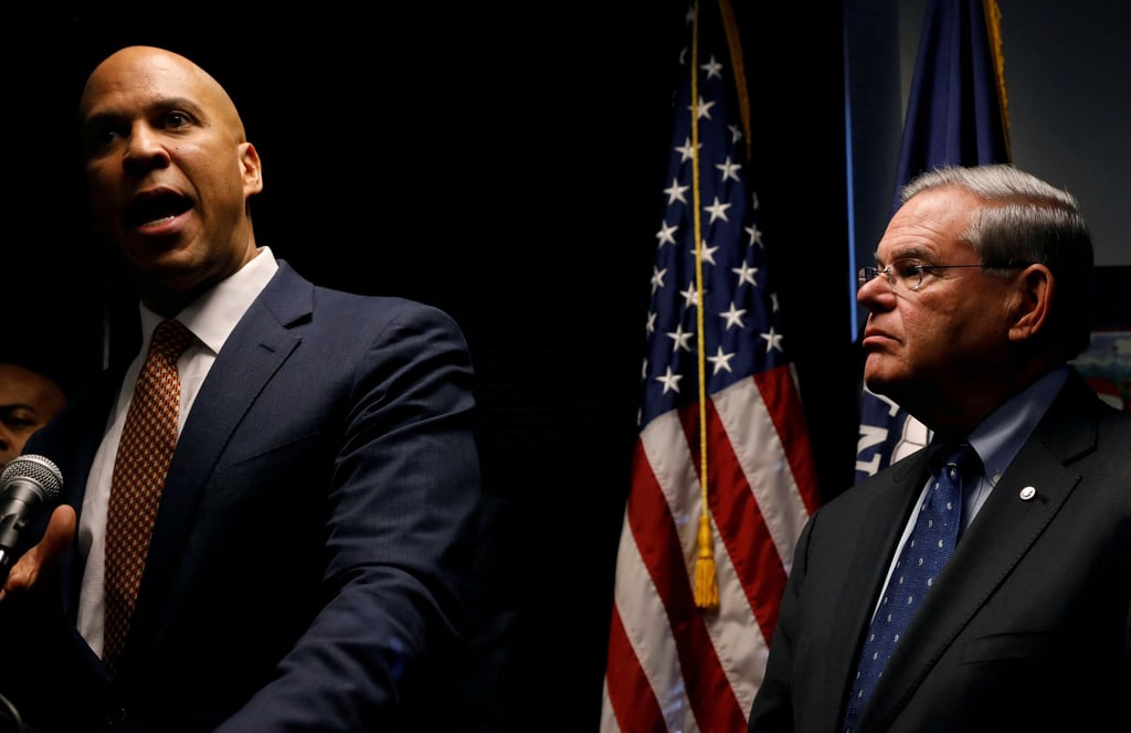 New Jersey Senators Cory Booker (left) and Bob Menendez appear at a news conference in Newark, New Jersey, in January 2017. Photo: Reuters New Jersey Senators Cory Booker (left) and Bob Menendez appear at a news conference in Newark, New Jersey, in January 2017. Photo: Reuters