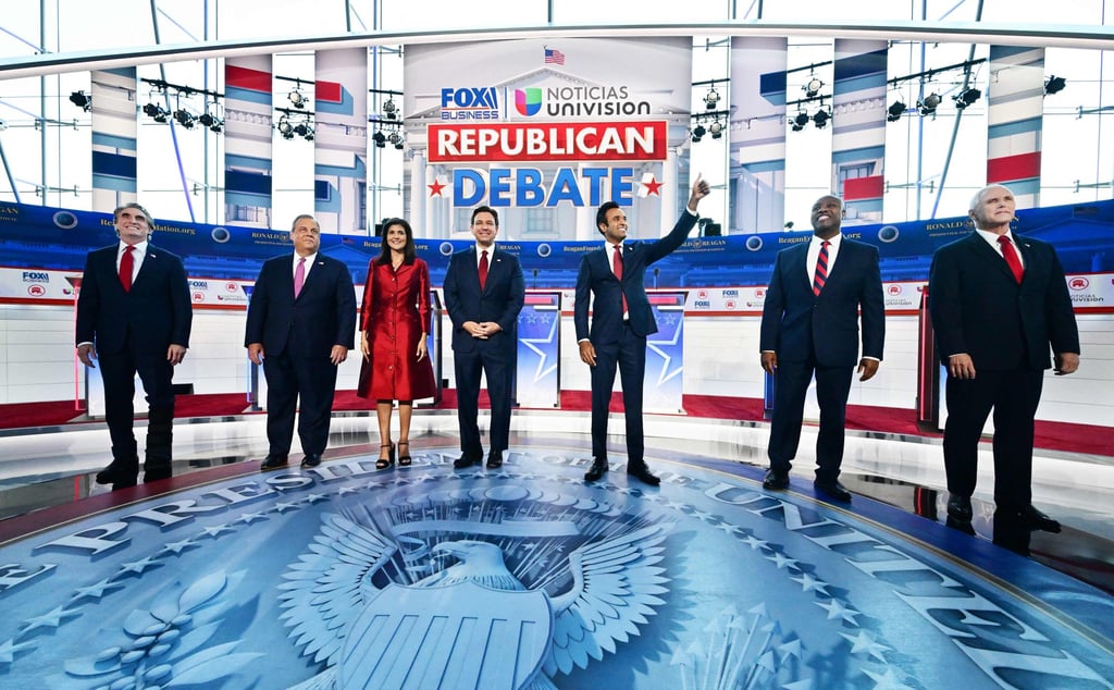 Republican candidates Doug Burgum, Chris Christie, Nikki Haley, Ron DeSantis, Vivek Ramaswamy, Tim Scott and Mike Pence. Photo: AFP