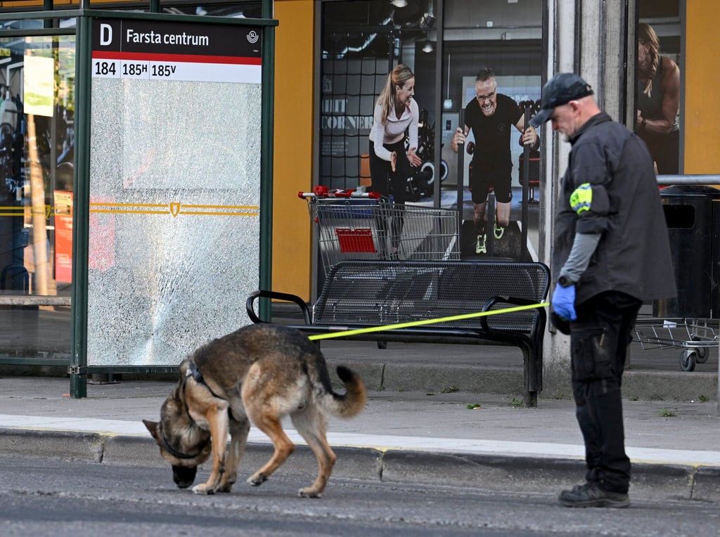 Police at the scene of a shooting in southern Stockholm, in June. File photo: AP