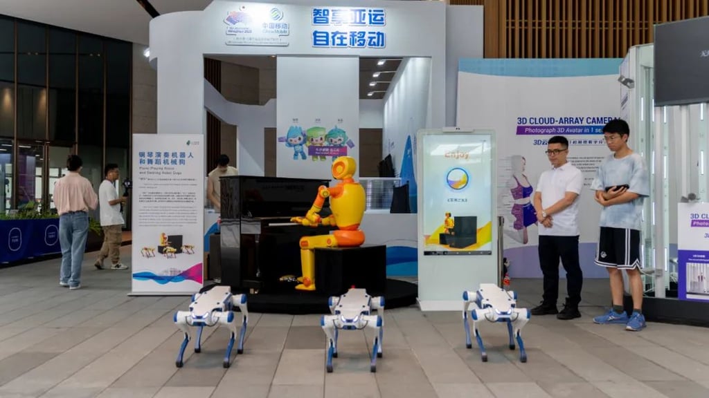 Deep Robotics’ robot dogs danced to piano music at the Asian Games Village in Hangzhou. Photo: Handout Deep Robotics’ robot dogs danced to piano music at the Asian Games Village in Hangzhou. Photo: Handout