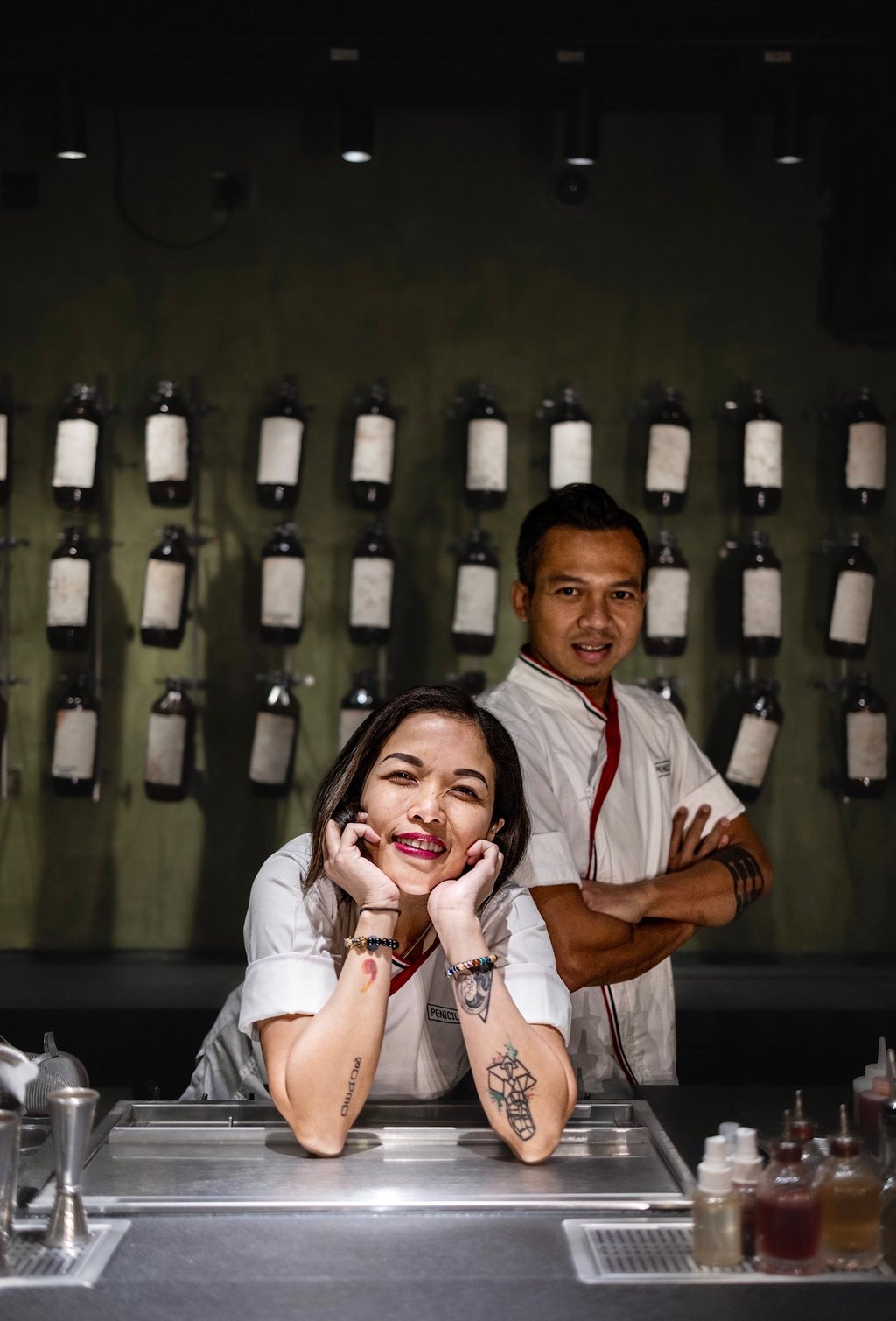 Agung and Laura Prabowo at their closed-loop cocktail bar, Penicillin. Photo: Handout