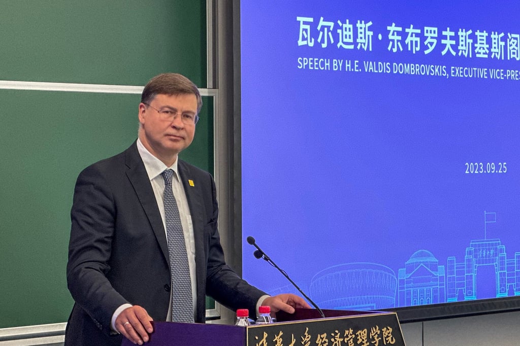EU trade commissioner Valdis Dombrovskis delivering his speech at Tsinghua University in Beijing on Monday. Photo: Kinling Lo EU trade commissioner Valdis Dombrovskis delivering his speech at Tsinghua University in Beijing on Monday. Photo: Kinling Lo