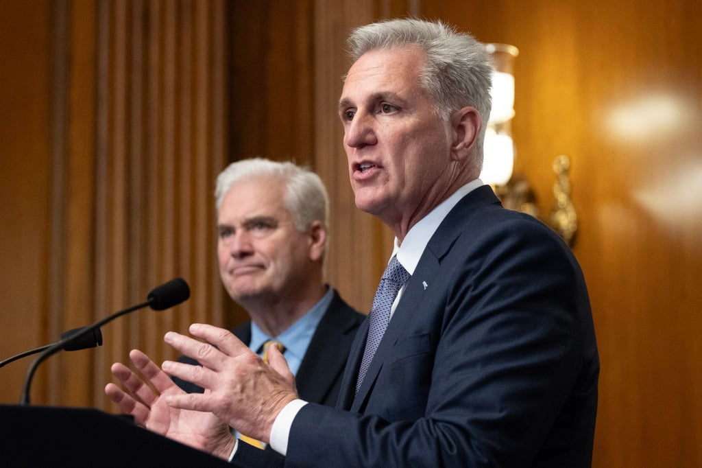 US Speaker of the House Kevin McCarthy (R) and Republican Representative of Minnesota Tom Emmer (L) participate in a news conference after the House passed a forty-five day stopgap measure to fund the government. Photo: EPA-EFE