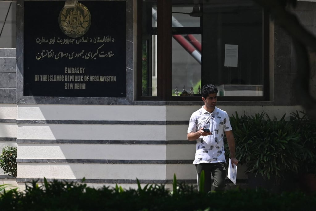An Afghan national stands outside the embassy of the Islamic Republic of Afghanistan in New Delhi, India on Friday. Photo: AFP An Afghan national stands outside the embassy of the Islamic Republic of Afghanistan in New Delhi, India on Friday. Photo: AFP