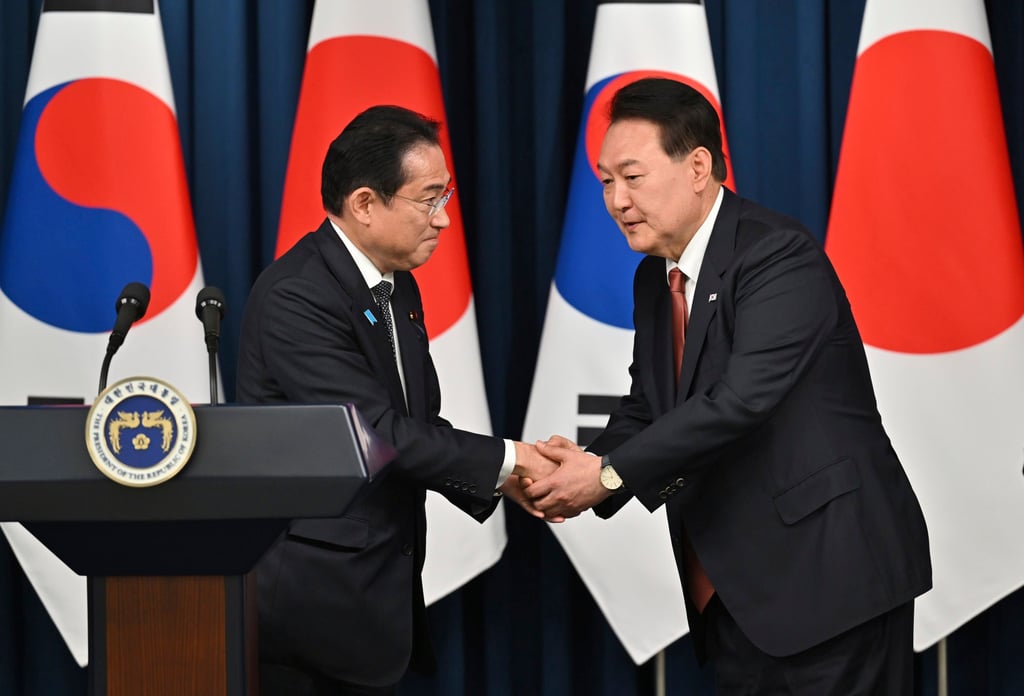 South Korean President Yoon Suk-yeol with Japanese Prime Minister Fumio Kishida in Seoul in May. The leaders have taken steps in recent months to thaw bilateral ties. Photo: Pool via AP South Korean President Yoon Suk-yeol with Japanese Prime Minister Fumio Kishida in Seoul in May. The leaders have taken steps in recent months to thaw bilateral ties. Photo: Pool via AP