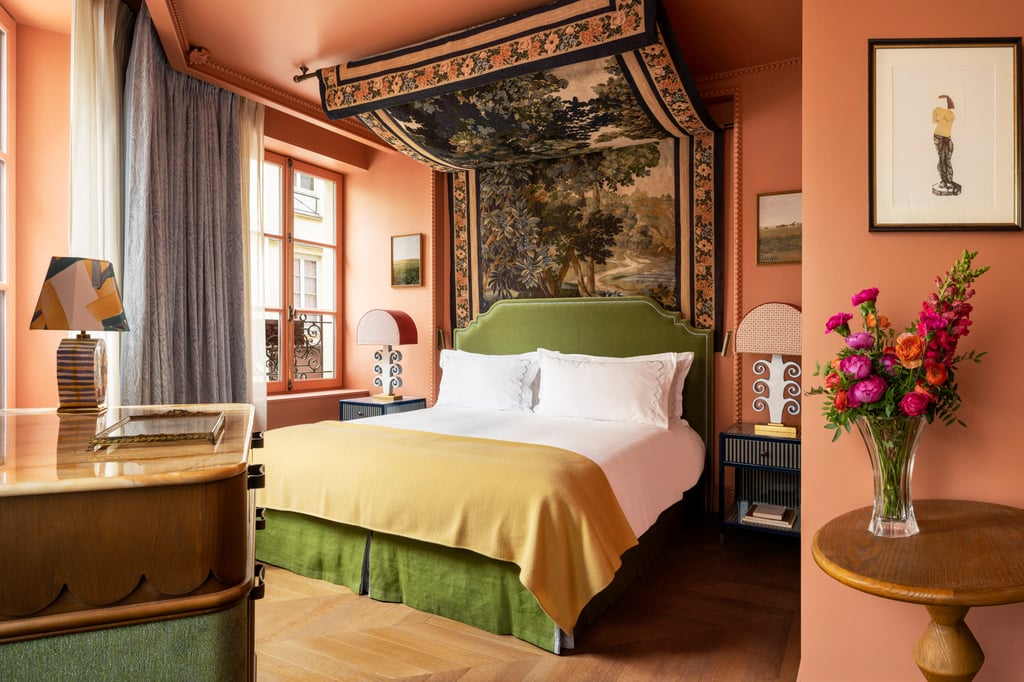 A bedroom at Le Grand Mazarin, a newly opened hotel in the Marais district of Paris A bedroom at Le Grand Mazarin, a newly opened hotel in the Marais district of Paris