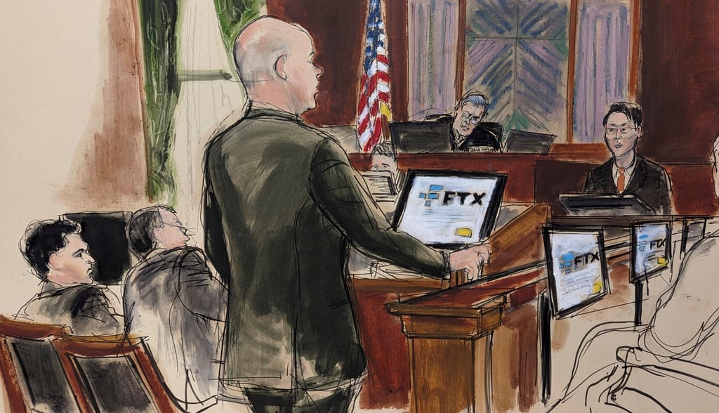 This courtroom sketch shows FTX founder Sam Bankman-Fried, far left, listening during his fraud trial in New York, as Assistant US Attorney Nicholas Roos, centre, questions FTX co-founder Gary Wang Zixiao, far right, in court on October 6, 2023. Photo: AP This courtroom sketch shows FTX founder Sam Bankman-Fried, far left, listening during his fraud trial in New York, as Assistant US Attorney Nicholas Roos, centre, questions FTX co-founder Gary Wang Zixiao, far right, in court on October 6, 2023. Photo: AP