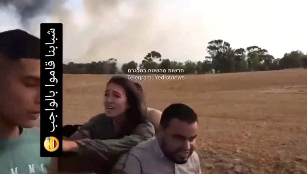 A screengrab from a social media video on Saturday shows Noa Argamani as she is taken hostage. Photo: Video obtained by Reuters via Reuters A screengrab from a social media video on Saturday shows Noa Argamani as she is taken hostage. Photo: Video obtained by Reuters via Reuters
