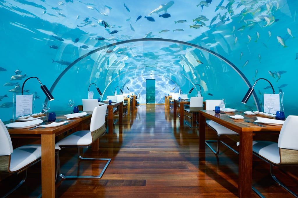 Ithaa, the world’s first underwater restaurant, makes an impressive setting for a team lunch. Photo: Justin Nicholas