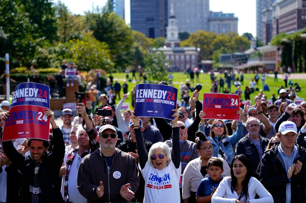 Supporters cheer as Robert F Kennedy Jnr speaks at a campaign event in Philadelphia, Pennsylvania on Monday. Photo: AP Supporters cheer as Robert F Kennedy Jnr speaks at a campaign event in Philadelphia, Pennsylvania on Monday. Photo: AP