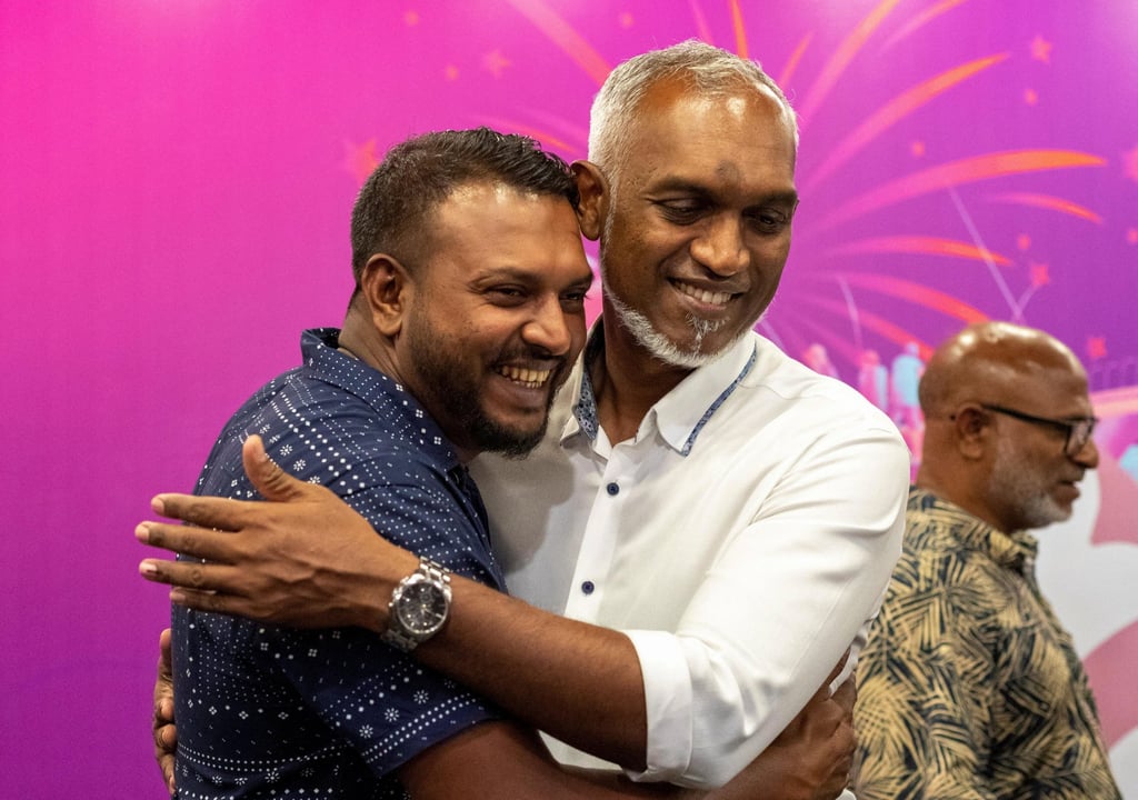 Mohamed Muizzu (right) with a supporter in Male, the Maldivian capital, last month. Muizzu won the presidential run-off with over 54 per cent of the vote. Photo: Reuters Mohamed Muizzu (right) with a supporter in Male, the Maldivian capital, last month. Muizzu won the presidential run-off with over 54 per cent of the vote. Photo: Reuters