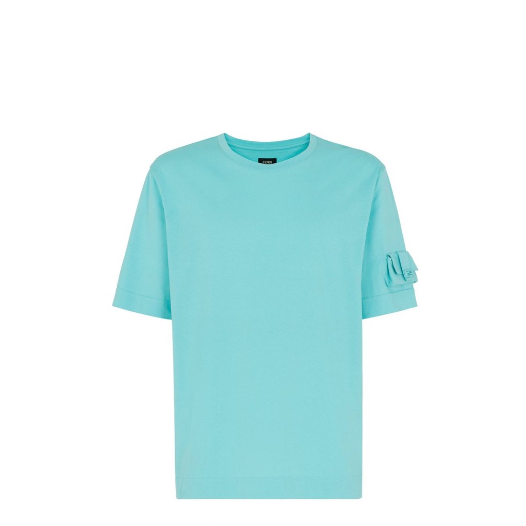 A blue Fendi T-shirt with detailing on the sleeve. A blue Fendi T-shirt with detailing on the sleeve.