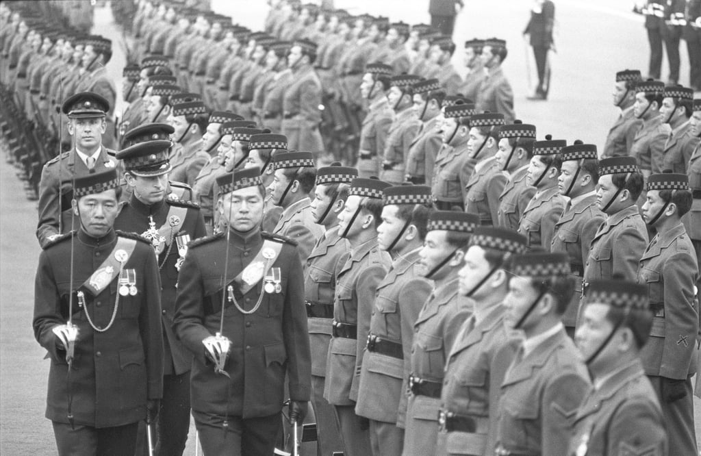 Gurkhas are inspected by Prince Charles on his first official visit to Hong Kong in. Photo: SCMP
