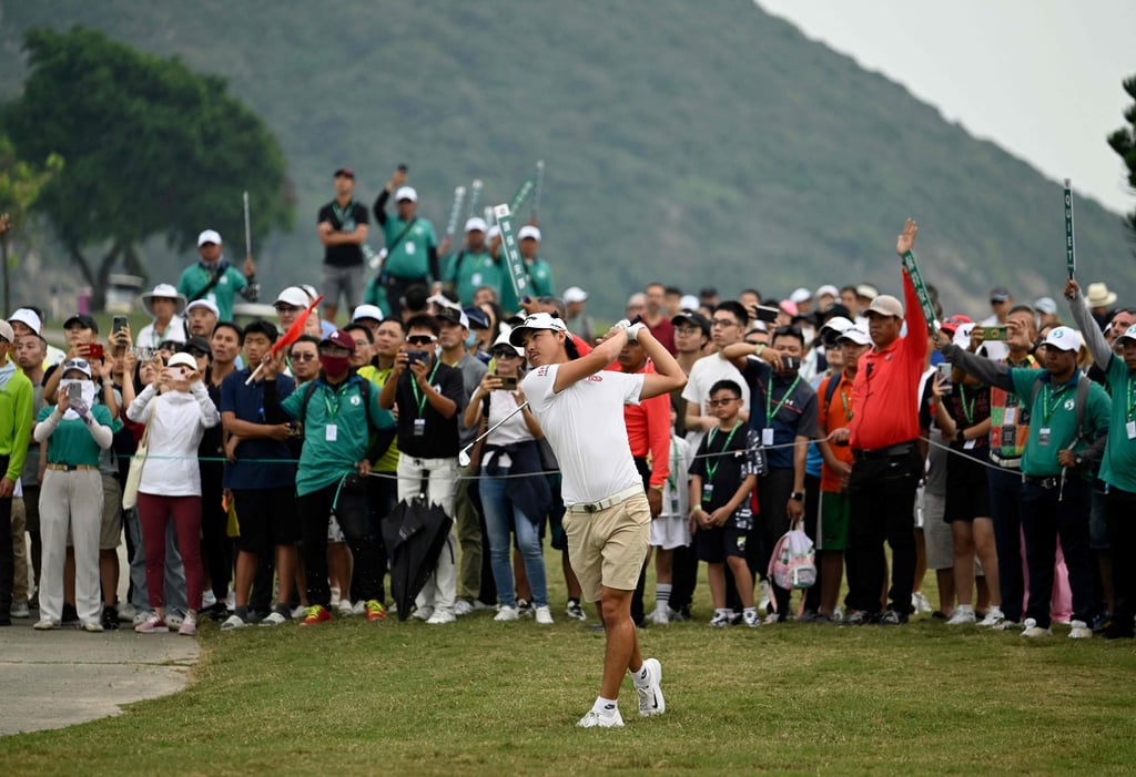 Min-woo Lee plays a shot during the fourth round on Sunday. Photo: AFP