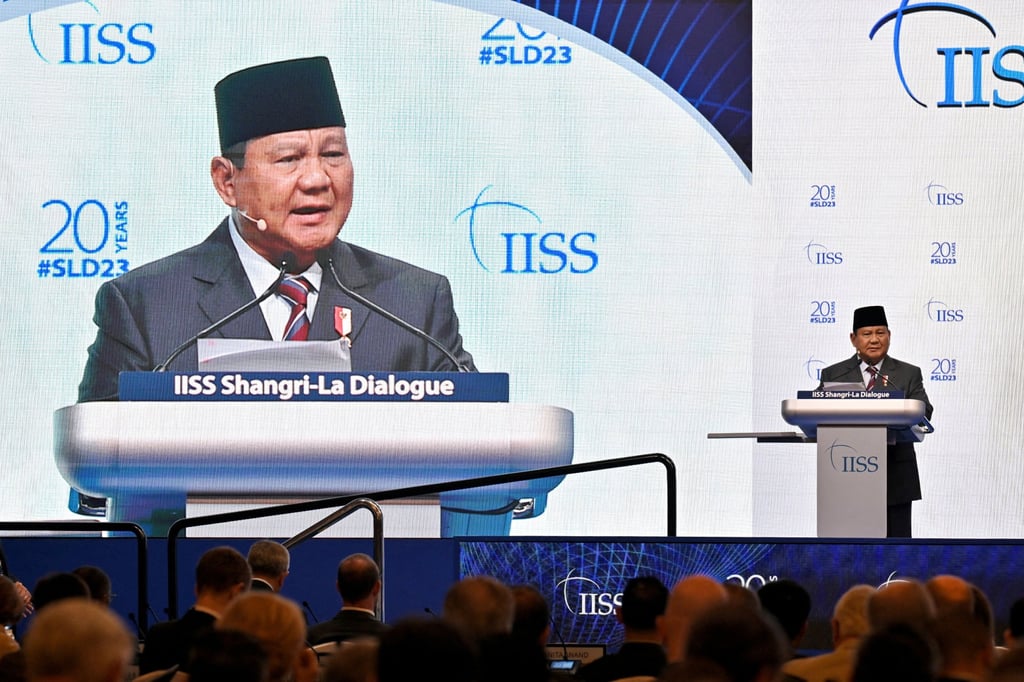 Prabowo speaks at the IISS Shangri-La Dialogue in Singapore in June. Jokowi’s vast, informal volunteer network, Projo, on Saturday announced that it endorsed Prabowo as its candidate of choice. Photo: Reuters