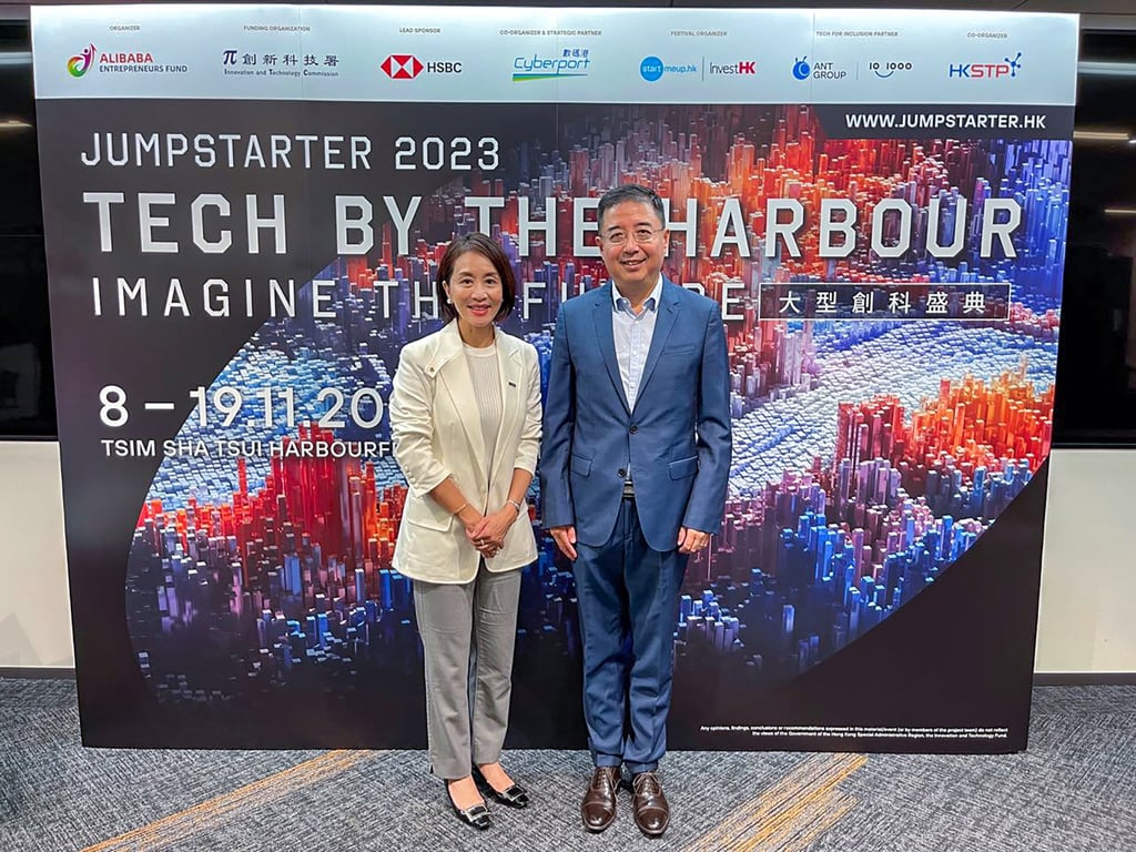 Cindy Chow (left), executive director and CEO of the Alibaba Entrepreneurs Fund, and Frank Fang, head of commercial banking in Hong Kong and Macau at HSBC, at a press conference. Photo: Handout Cindy Chow (left), executive director and CEO of the Alibaba Entrepreneurs Fund, and Frank Fang, head of commercial banking in Hong Kong and Macau at HSBC, at a press conference. Photo: Handout