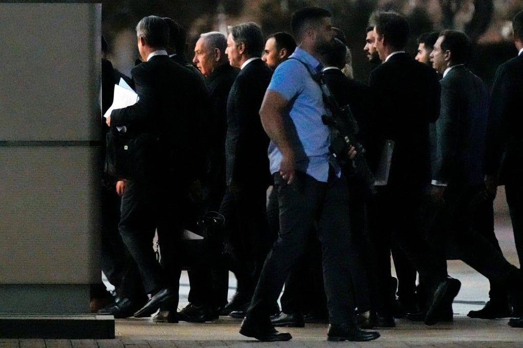 US Secretary of State Antony Blinken with Israeli Prime Minister Benjamin Netanyahu in Tel Aviv on Monday, on the Kirya compound that houses Israel’s Ministry of Defence. Photo: Reuters