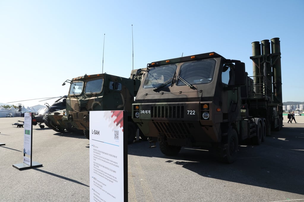 South Korean-made long-range surface-to-air missiles at ADEX 2023 on Tuesday. Photo: EPA-EFE/Yonhap South Korean-made long-range surface-to-air missiles at ADEX 2023 on Tuesday. Photo: EPA-EFE/Yonhap