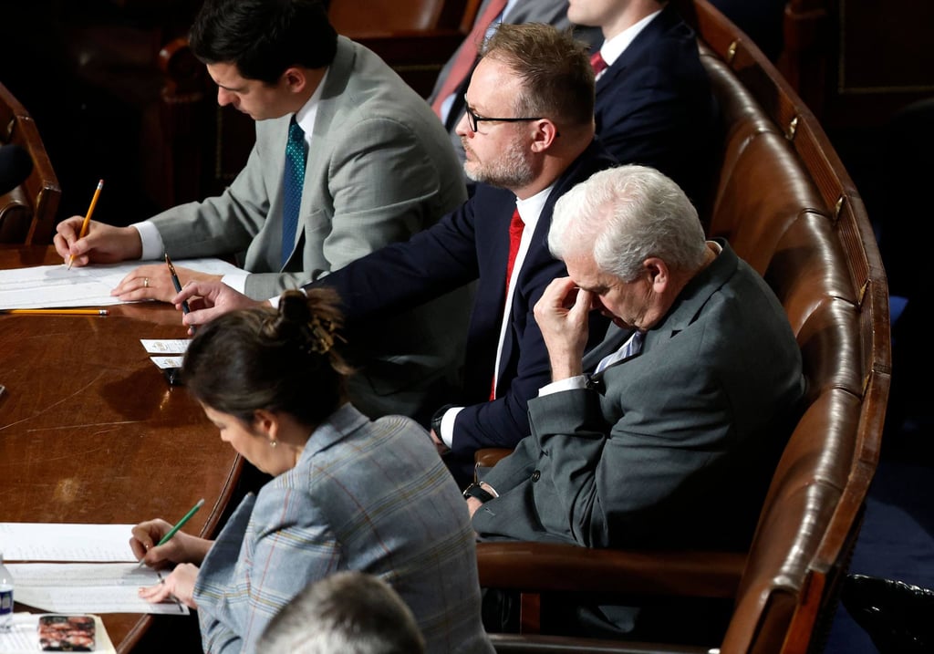 US House Majority Whip Tom Emmer reacts after the House of Representatives failed to elect a new speaker during the second round of votes at the US Capitol on Wednesday. Photo: AFP US House Majority Whip Tom Emmer reacts after the House of Representatives failed to elect a new speaker during the second round of votes at the US Capitol on Wednesday. Photo: AFP
