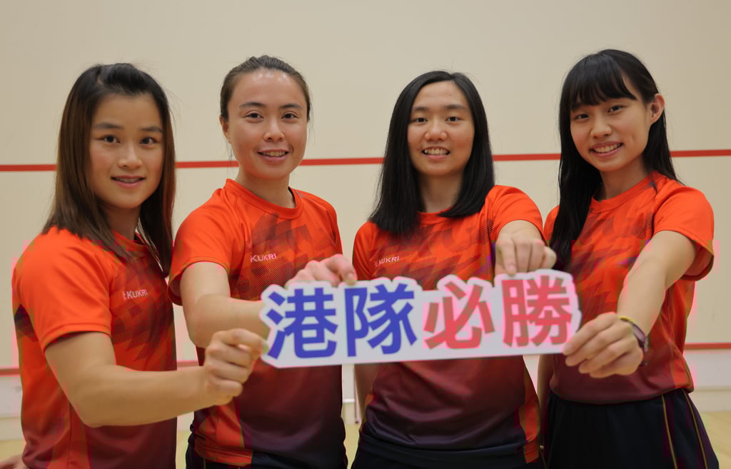 Hong Kong women’s squash team (from left) Lee Ka-yi, Tong Tsz-wing, Chan Sin-yuk and Tomato Ho won team silver at the Asian Games in Hangzhou. Photo: Jelly Tse Hong Kong women’s squash team (from left) Lee Ka-yi, Tong Tsz-wing, Chan Sin-yuk and Tomato Ho won team silver at the Asian Games in Hangzhou. Photo: Jelly Tse