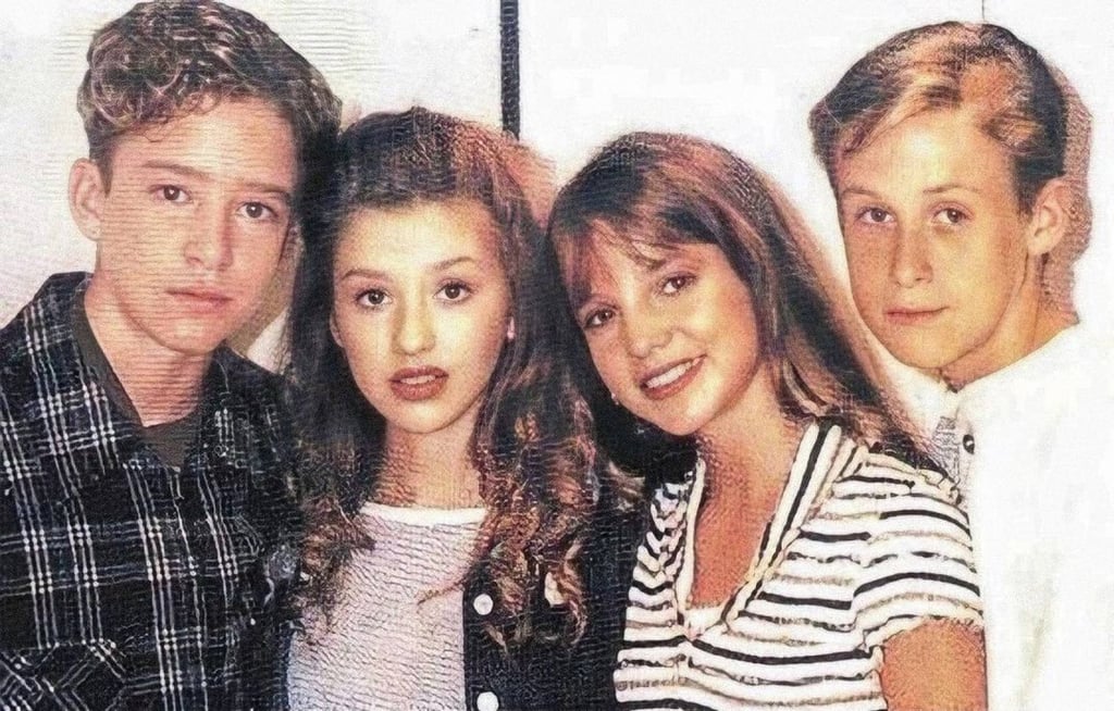 Justin Timberlake, Christina Aguilera, Britney Spears and Ryan Gosling during their 1993 Mickey Mouse Club days. Photo: @bringback00s/Instagram