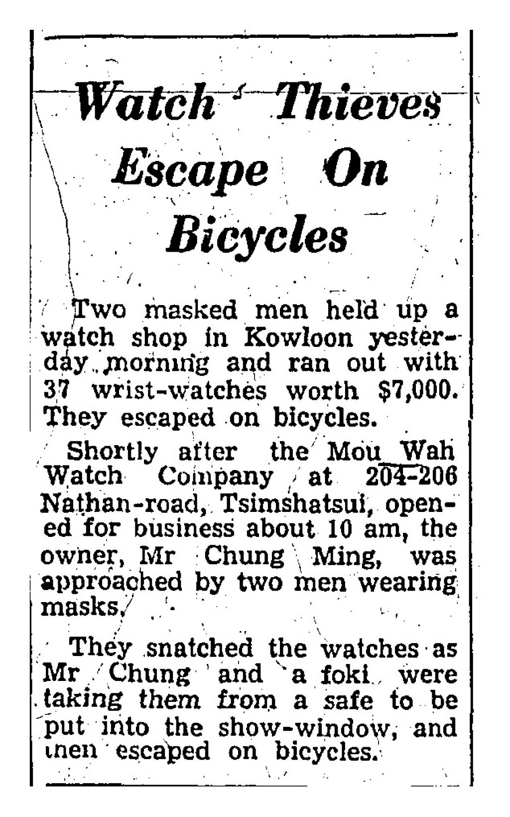 The story of the robbery published in the Post in 1962. Credit: SCMP Archives