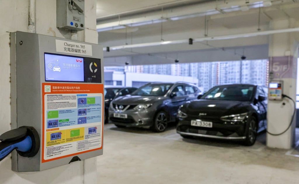 Electric cars at a car park charging point in a Hong Kong car park. Photo: May Tse Electric cars at a car park charging point in a Hong Kong car park. Photo: May Tse