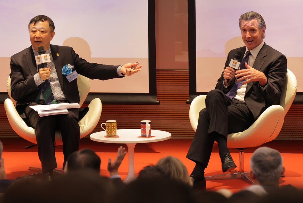 Professor Peng Gong (left), of the University of Hong Kong, shared the stage with California Governor Gavin Newsom. Photo: Jelly Tse