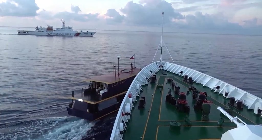 A Chinese Coast Guard ship (right) and Philippines’ resupply boat (left) collide during a resupply mission in Second Thomas Shoal in the disputed South China Sea. Photo: AFP/Chinese Coast Guard