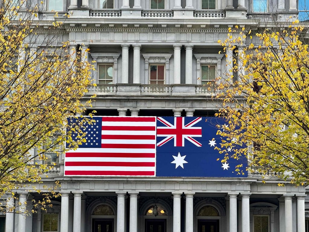 Flags of Australia and US adorn the Eisenhower Executive Office Building of the White House in Washington ahead of the state visit of Australian Prime Minister Anthony Albanese. Photo: AFP