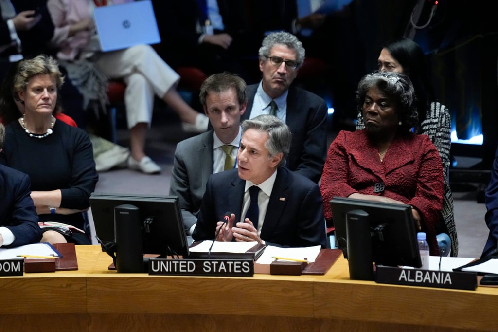 US Secretary of State Antony Blinken speaks during a UN Security Council meeting on Tuesday. Photo: AP