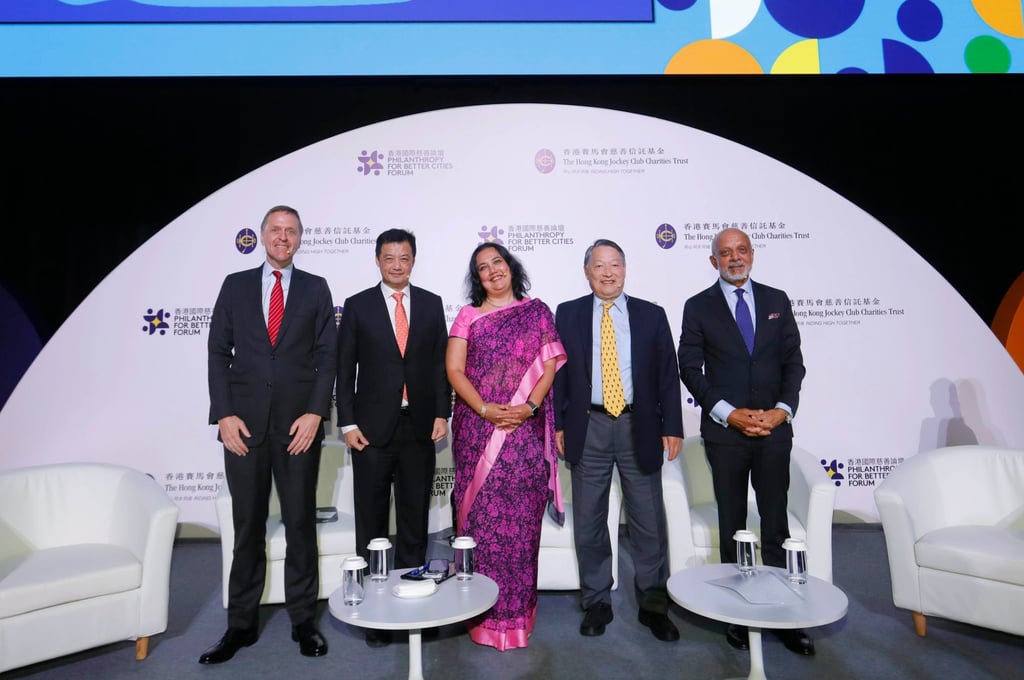 Speakers at one of the plenary sessions at The Hong Kong Jockey Club’s Philanthropy for Better Cities Forum. Paul Schreier (far left), interim CEO of the Wellcome Trust, Naveen Rao (far right), senior vice-president (health initiative) of The Rockefeller Foundation, Lincoln Chen, president emeritus of China Medical Board (second right), and Boon Heong Ng, CEO of the Temasek Foundation (second left), with the moderator, Naina Subberwal, CEO of the Asian Venture Philanthropy Network.