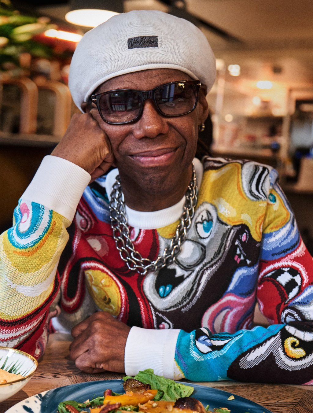 Nile Rodgers with roasted toasted salad at the Abbey Road Studios in London