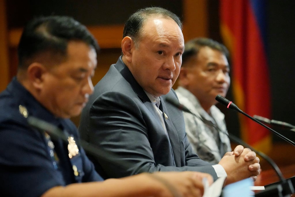 Manila’s Defence Secretary Gilbert Teodoro, centre, during a press conference on Monday. He says more nations may be willing to step up against China. Photo: AP