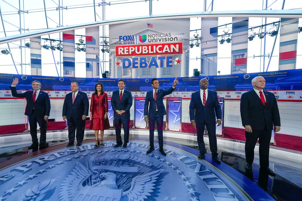 Mike Pence (far right) at a Republican presidential debate in September. Photo: AP Mike Pence (far right) at a Republican presidential debate in September. Photo: AP