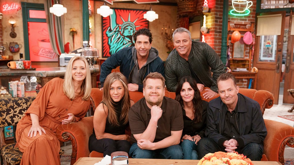 The cast of the show, Lisa Kudrow, Jennifer Aniston, Courtney Cox, David Schwimmer, Matt LeBlanc, and Matthew Perry, front row far right, joined James Corden, front row middle, for a Friends Reunion Special in 2021. Photo: Getty Images