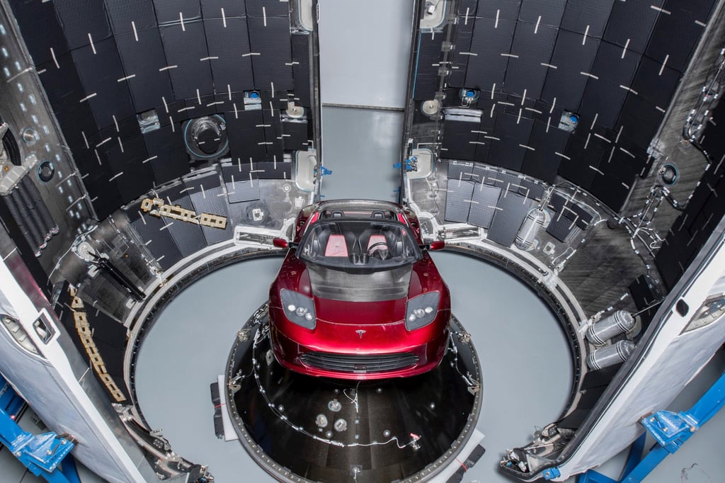 Elon Musk’s cherry red Tesla Roadster is seen during preparations to use it as a mock payload for the launch of a SpaceX Falcon Heavy rocket in 2017. Photo: SpaceX/Flickr