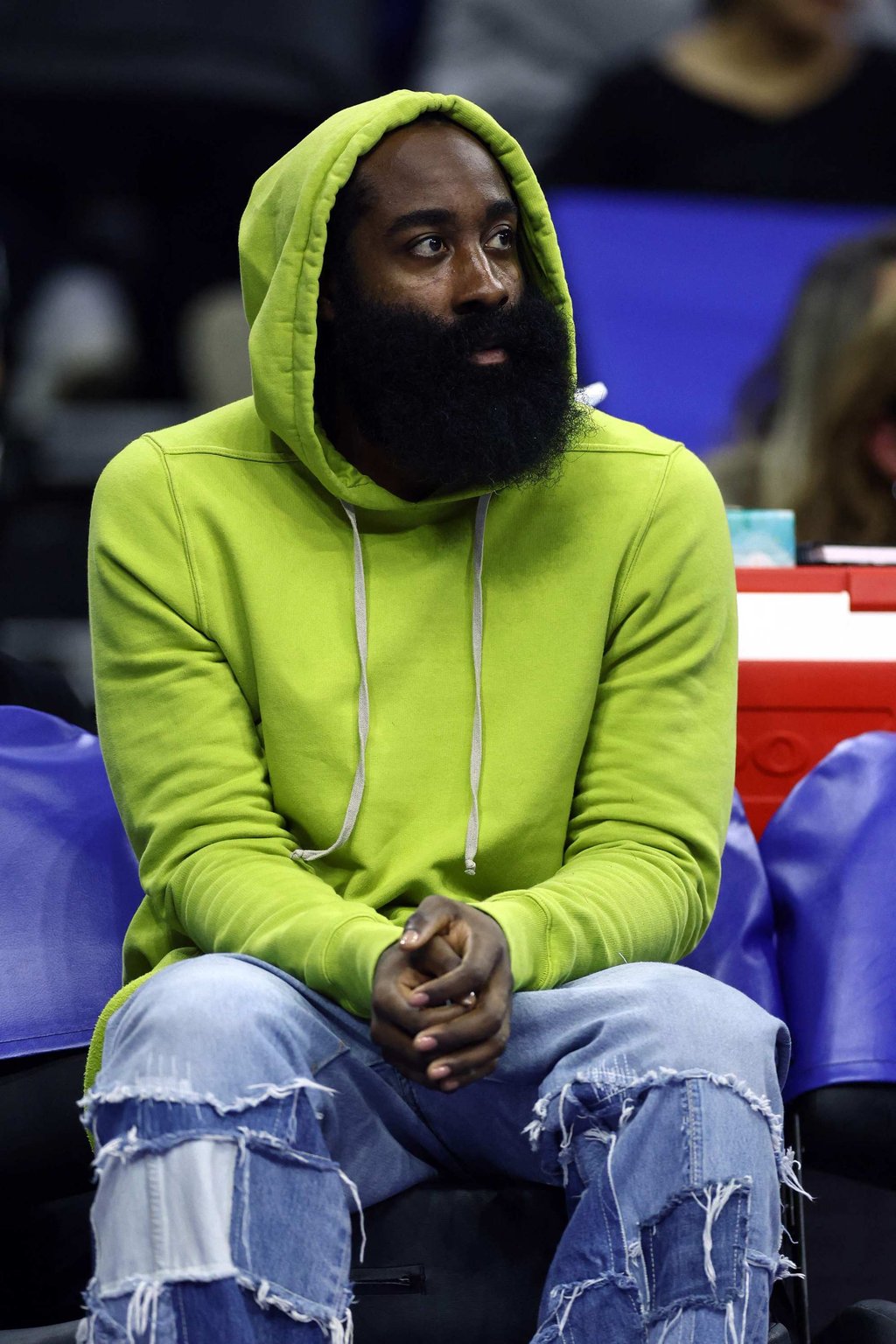 Harden was on the bench for the 76ers home opener against the Portland Trail Blazers. Photo: AFP Harden was on the bench for the 76ers home opener against the Portland Trail Blazers. Photo: AFP