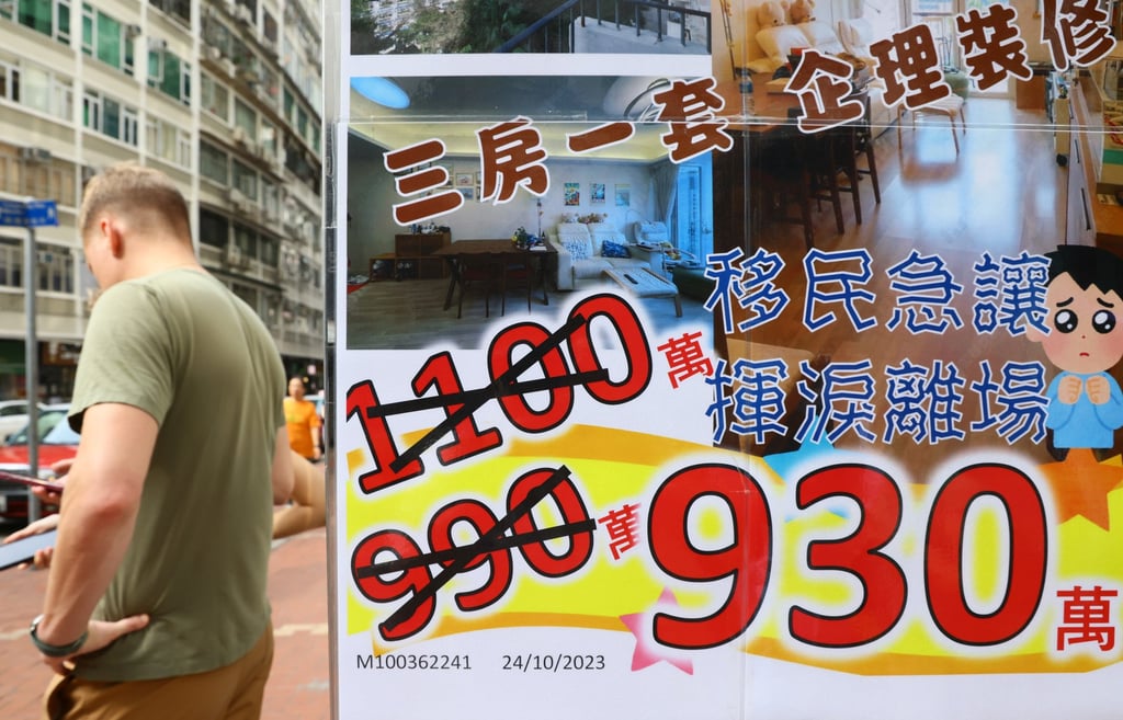Evidence of falling home prices is seen in the window of a property agent in Tin Hau, Hong Kong, on October 28, 2023. Photo: Dickson Lee