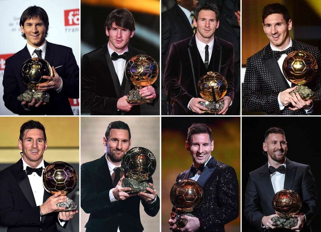 This combination of file photographs shows Lionel Messi winning the Ballon d’Or in (from left to right) 2009, 2010, 2011, 2012, 2015, 2019, 2021 and 2023. Photo: AP