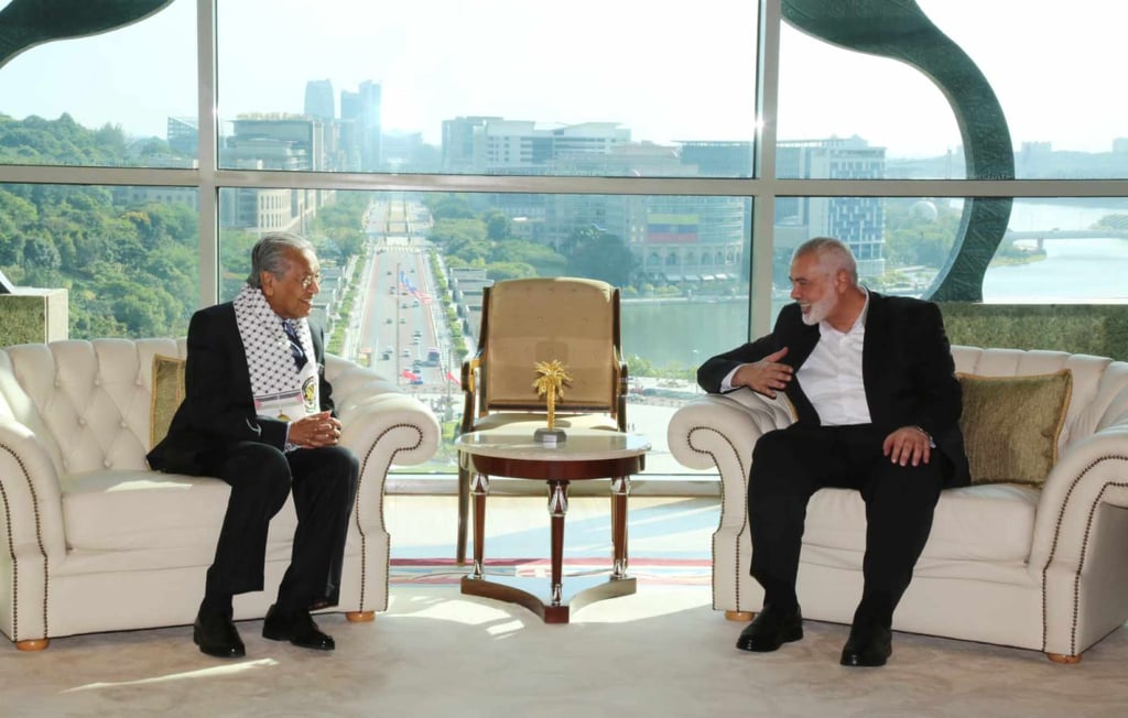 Hamas chief Ismail Haniyeh (right) chats with Malaysian’s then-Prime Minister Mahathir Mohamed during a courtesy visit in January 2020. Photo: Prime Minister’s Office of Malaysia/Handout Hamas chief Ismail Haniyeh (right) chats with Malaysian’s then-Prime Minister Mahathir Mohamed during a courtesy visit in January 2020. Photo: Prime Minister’s Office of Malaysia/Handout