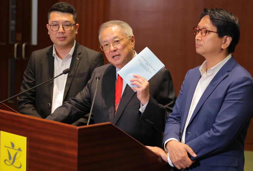 (From left) Lawmakers Edward Lau, Tommy Cheung and Bill Tang meets the press to discuss the private bill in June. The bill will be gazetted either this Friday or the next, according to Cheung. Photo: Jelly Tse