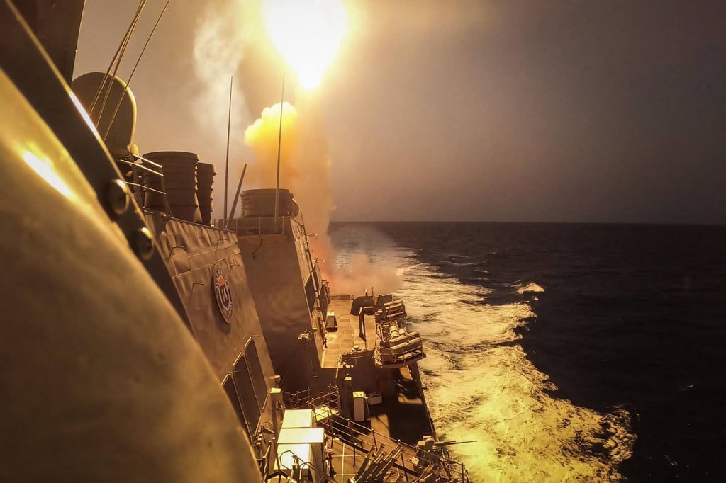 The USS Carney shoots down a combination of Houthi missiles and drones fired by Iran-backed Houthi rebels in Yemen, possibly at Israel, in the Red Sea on October 19. Photo: US Navy via AFP