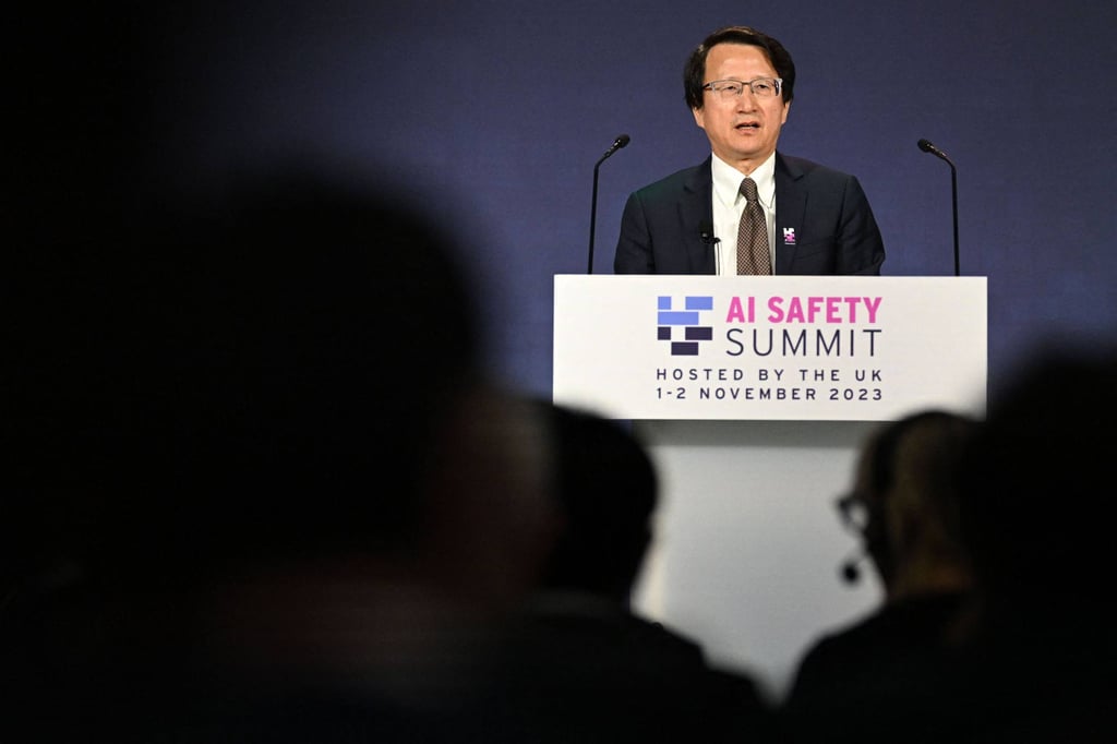 China’s Vice-Minister at the Ministry of Science and Technology Wu Zhaohui speaks during Britain’s Artificial Intelligence (AI) Safety Summit at Bletchley Park on Wednesday. Photo: AFP China’s Vice-Minister at the Ministry of Science and Technology Wu Zhaohui speaks during Britain’s Artificial Intelligence (AI) Safety Summit at Bletchley Park on Wednesday. Photo: AFP