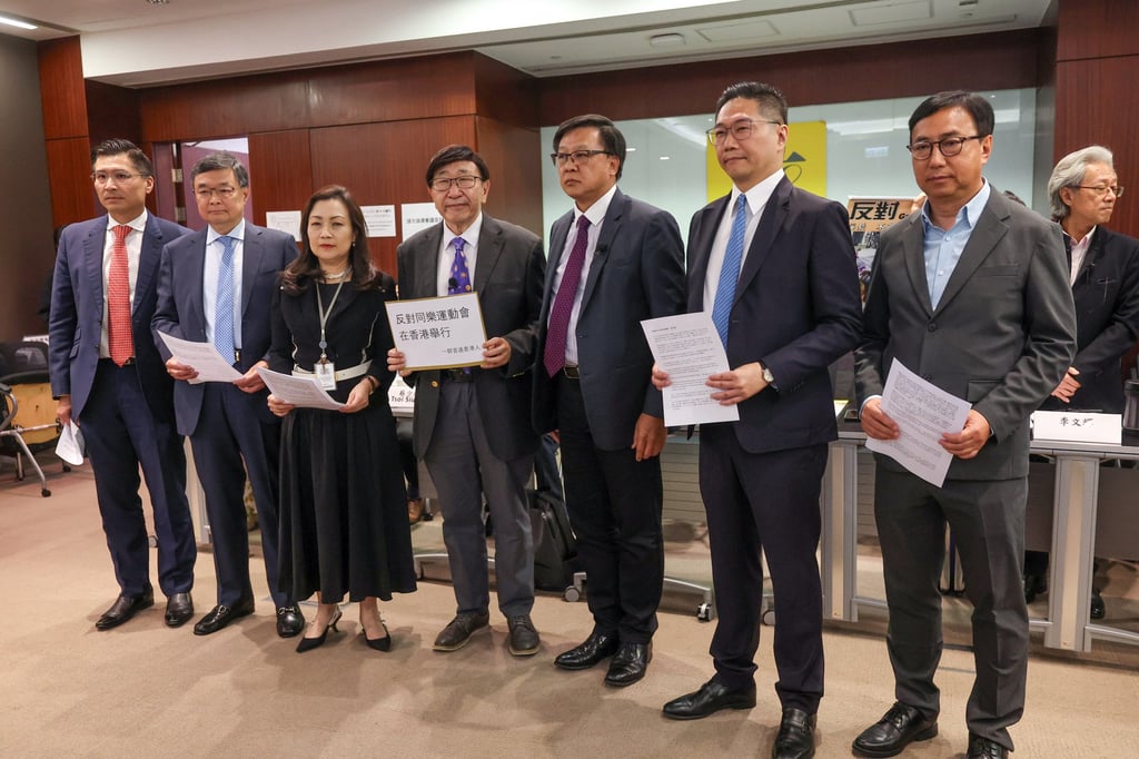 Lawmakers including Junius Ho (third from right) present a letter at the Legislative Council building on Wednesday calling for a ban on the Gay Games. Photo: Edmond So Lawmakers including Junius Ho (third from right) present a letter at the Legislative Council building on Wednesday calling for a ban on the Gay Games. Photo: Edmond So